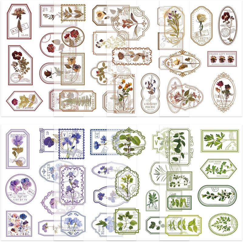 Bomichi 120 Pcs Flowers Stamp Stickers, Vintage Aesthetic Scrapbook Supplies for Junk Journal Bullet Therapy Planner Laptops Card Making Supplies - Image 1